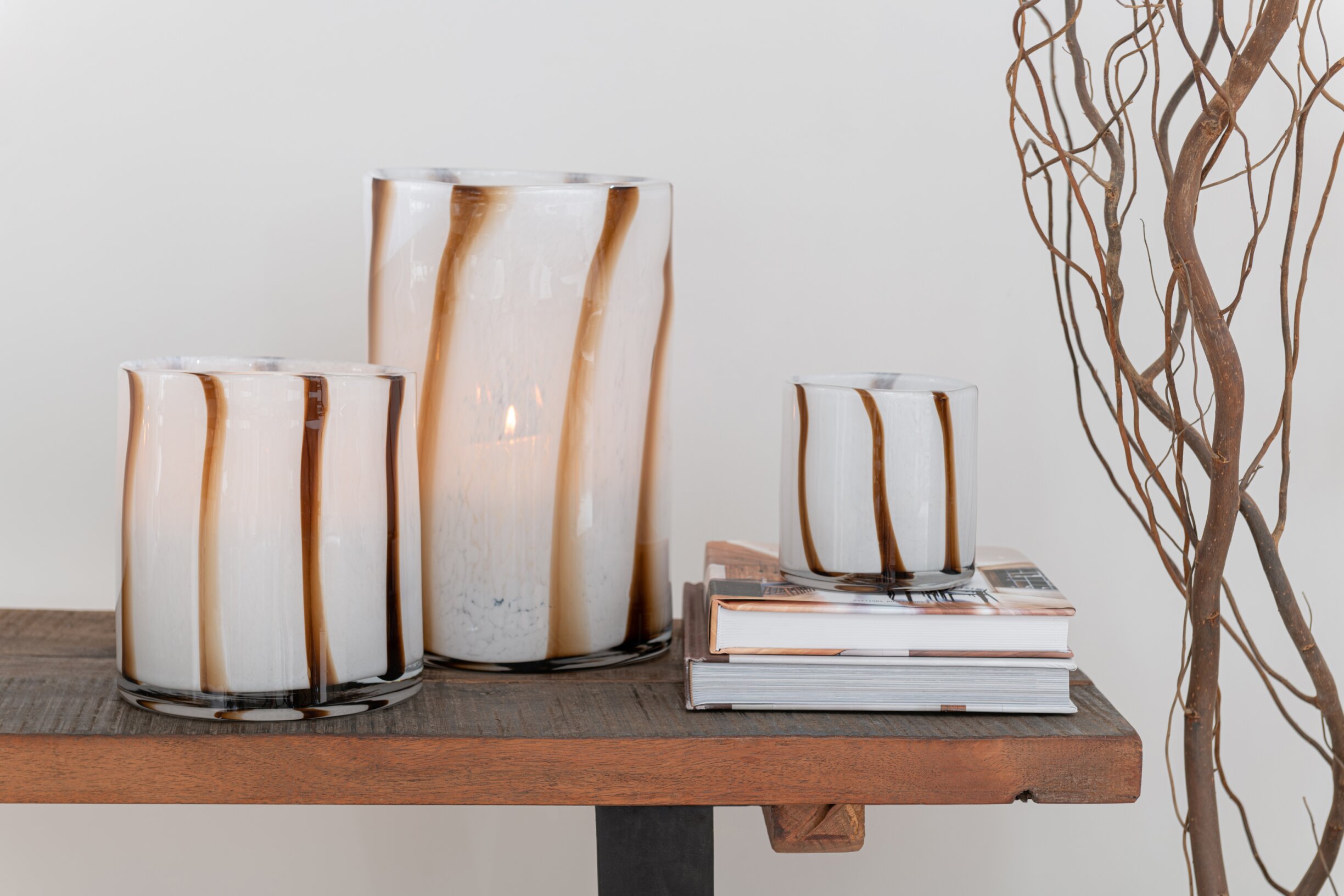 Windlicht Strepen Safari Glas Wit/Bruin