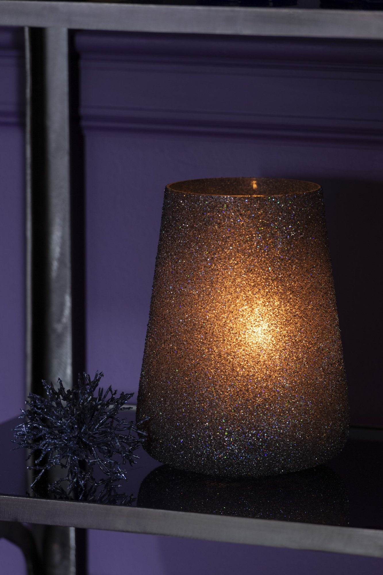Theelichthouder Glitter Zwart Glas | 17 cm