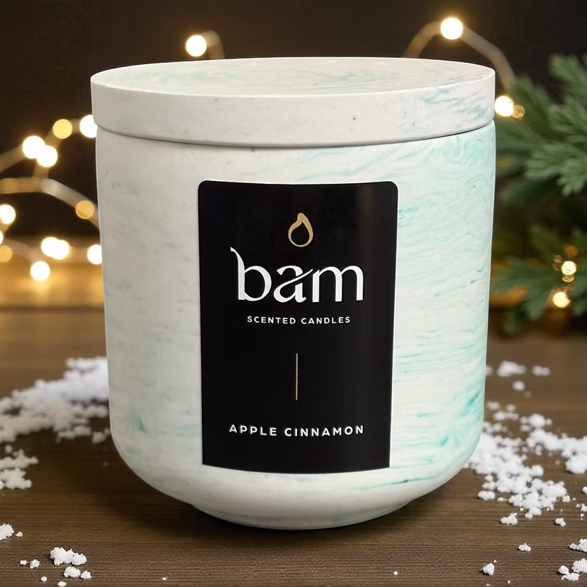 Apple Cinnamon - groen gemarmerd rond potje met deksel met houten wiek