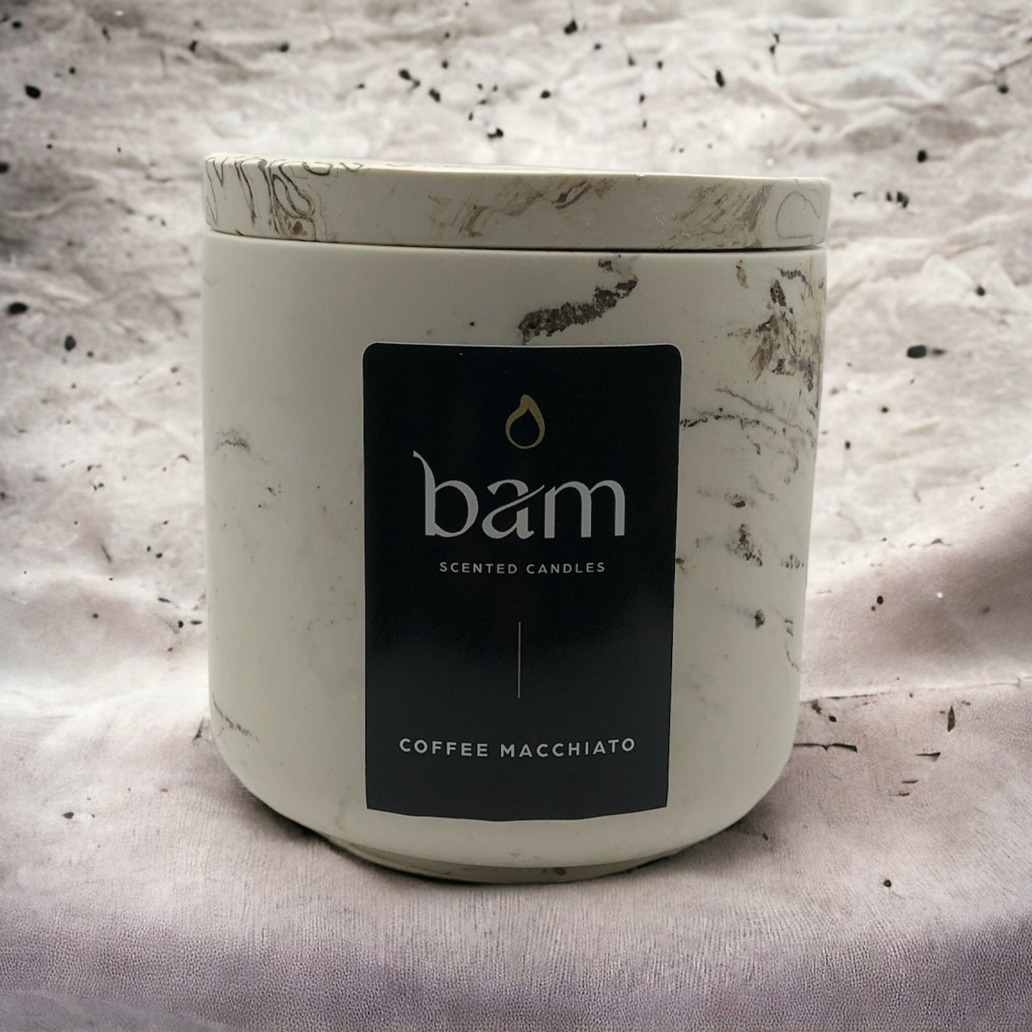 Coffee Macchiato - beige gemarmerd rond potje met deksel met houten wiek