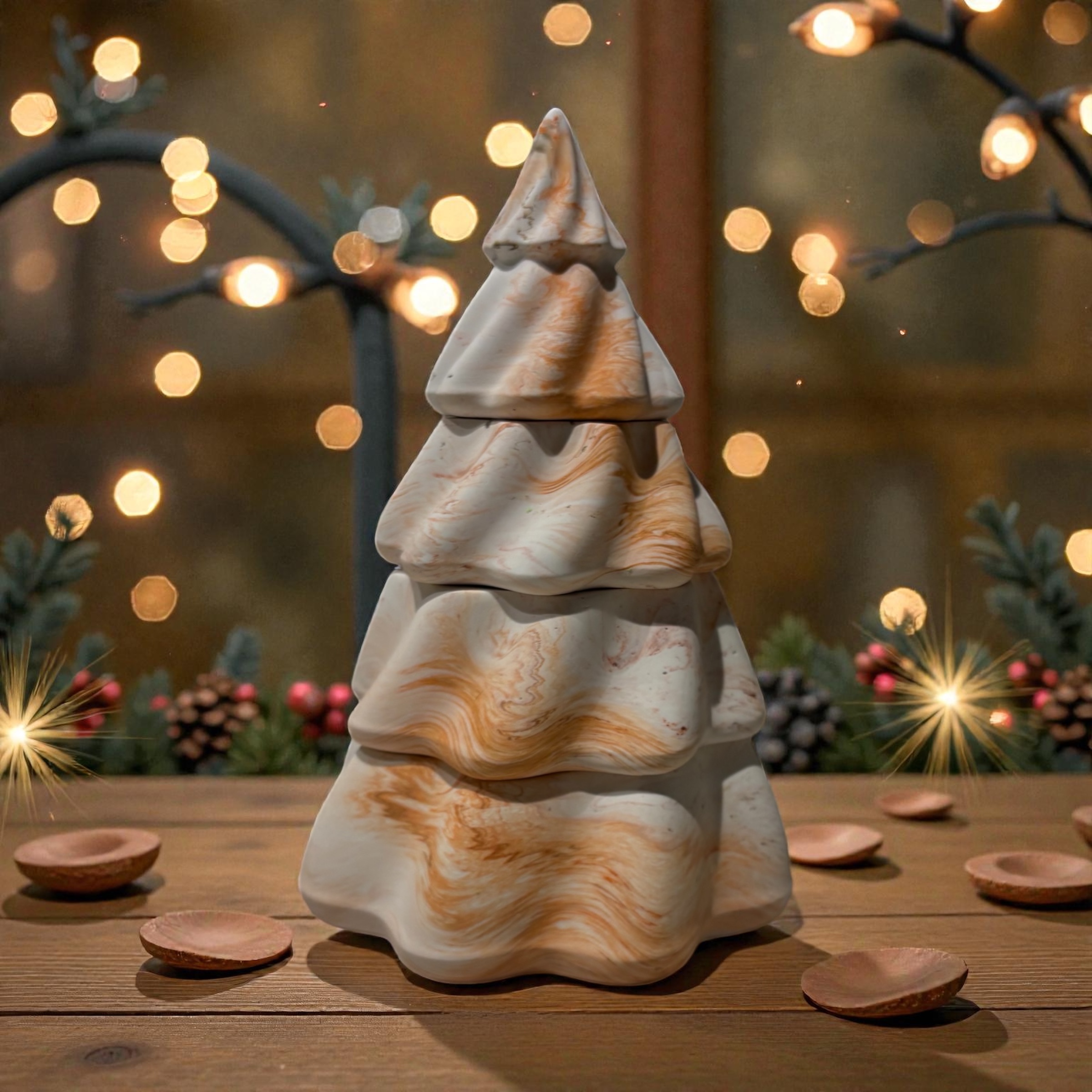 bruin/oranje gemarmerde kerstboom (3 kaarsen) -Sandalwood