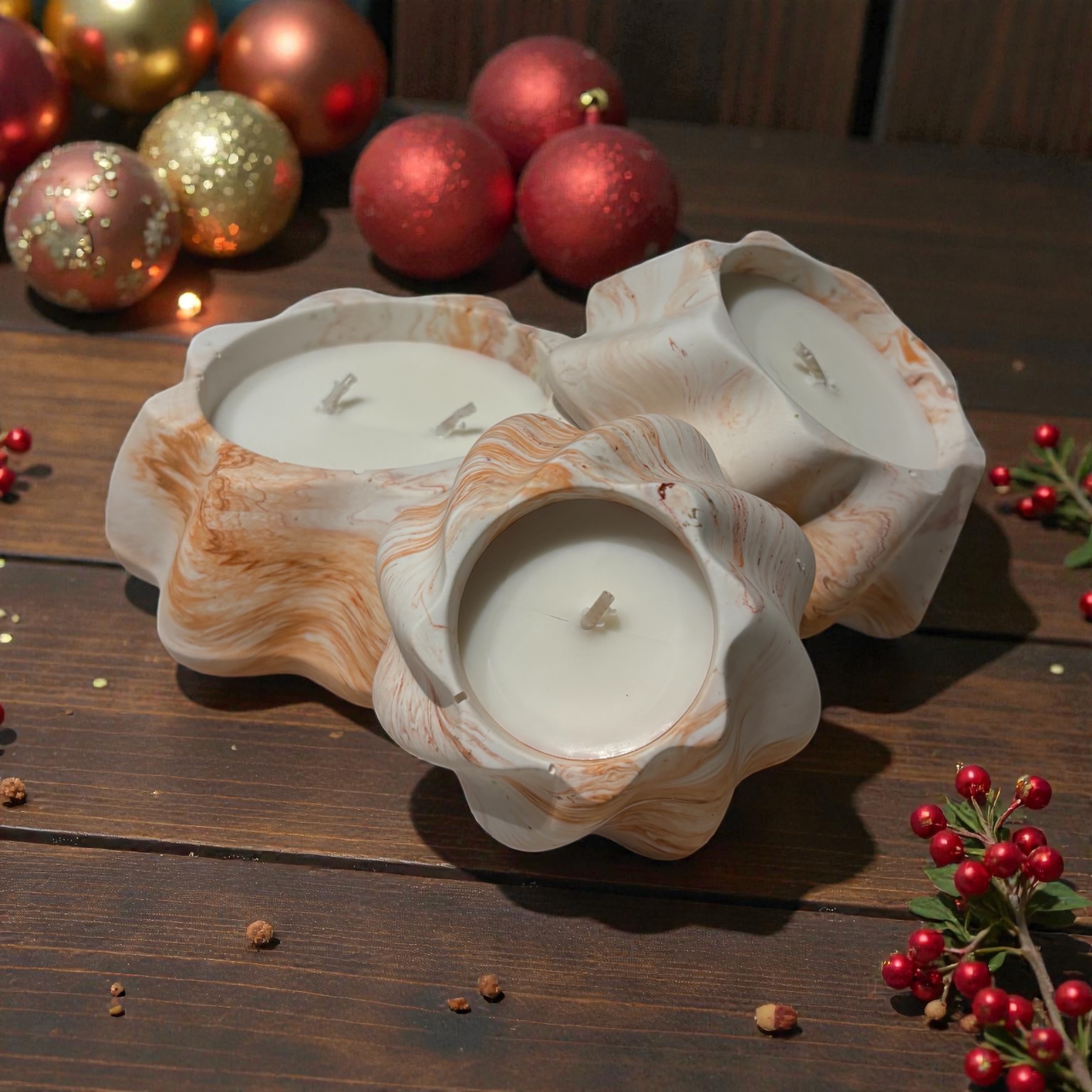 bruin/oranje gemarmerde kerstboom (3 kaarsen) -Sandalwood
