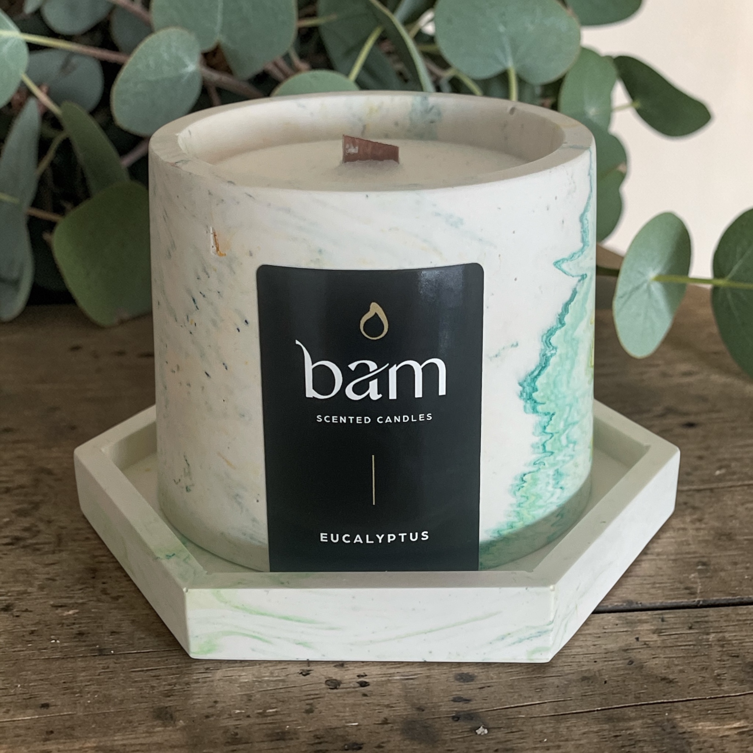 Eucalyptus - geel/groen gemarmerd rond potje met houten wiek