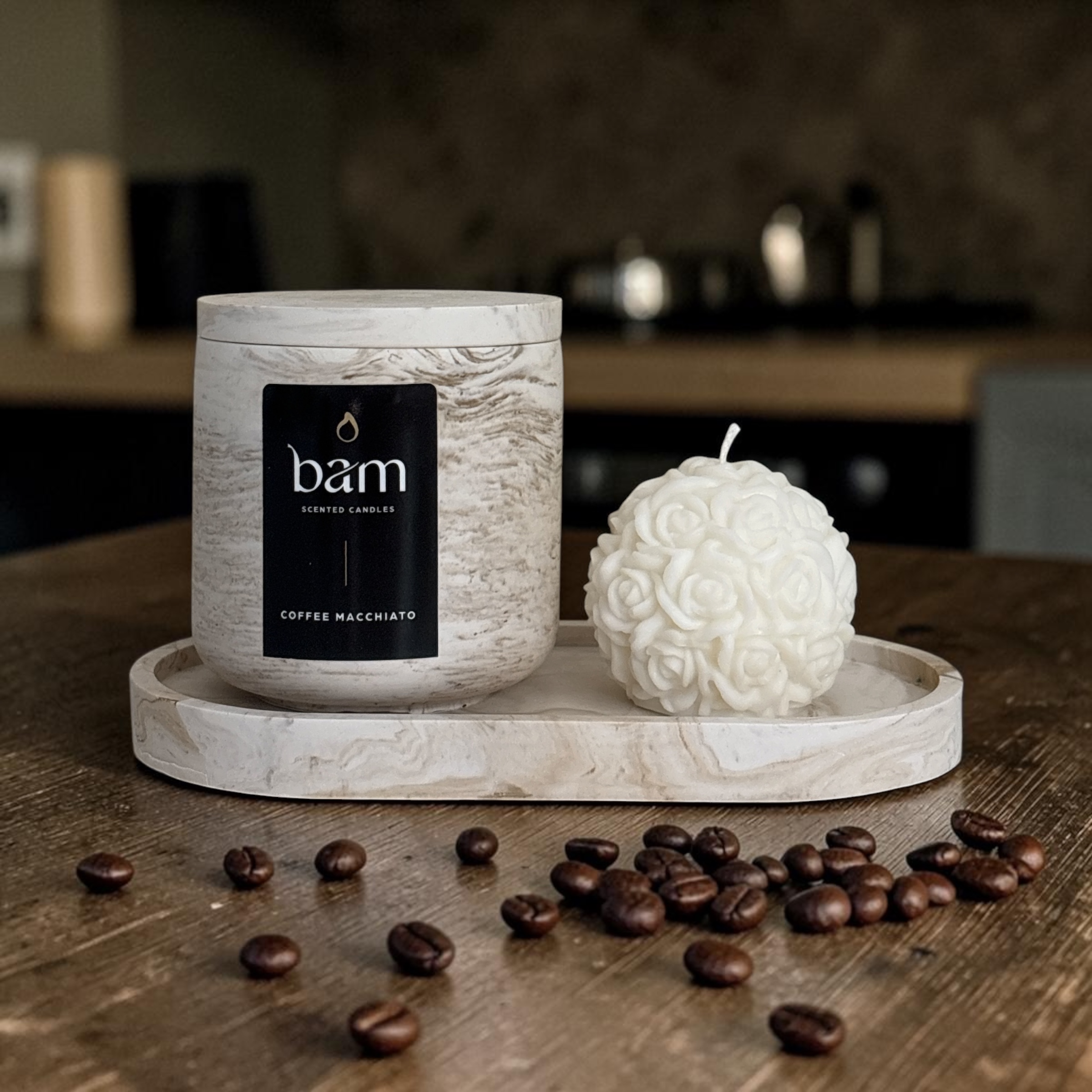 Handcrafted Coffee Macchiato Gift Set with Rose Candle and Oval Dish