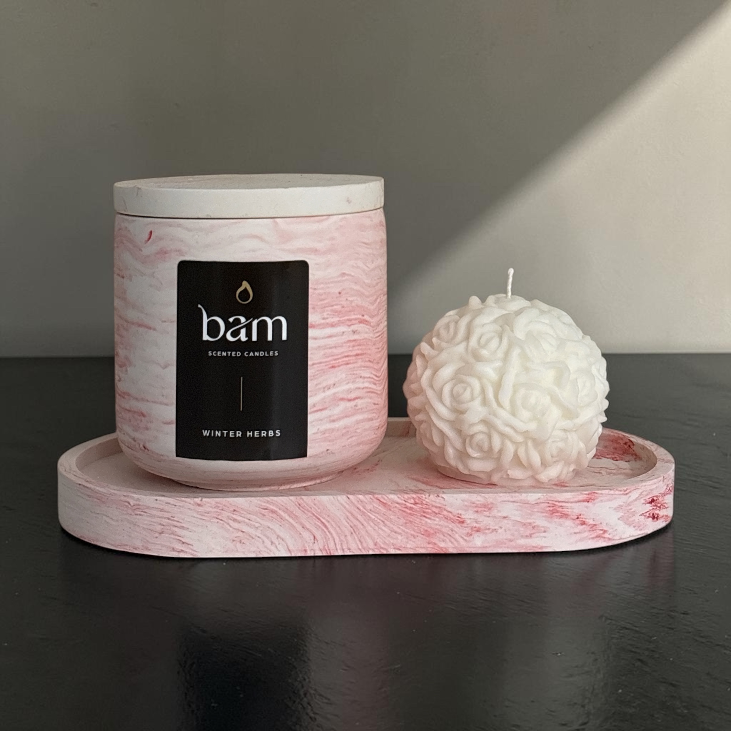 Handcrafted Winter Herbs Gift Set with Rose Candle and Red Marbled Oval Dish