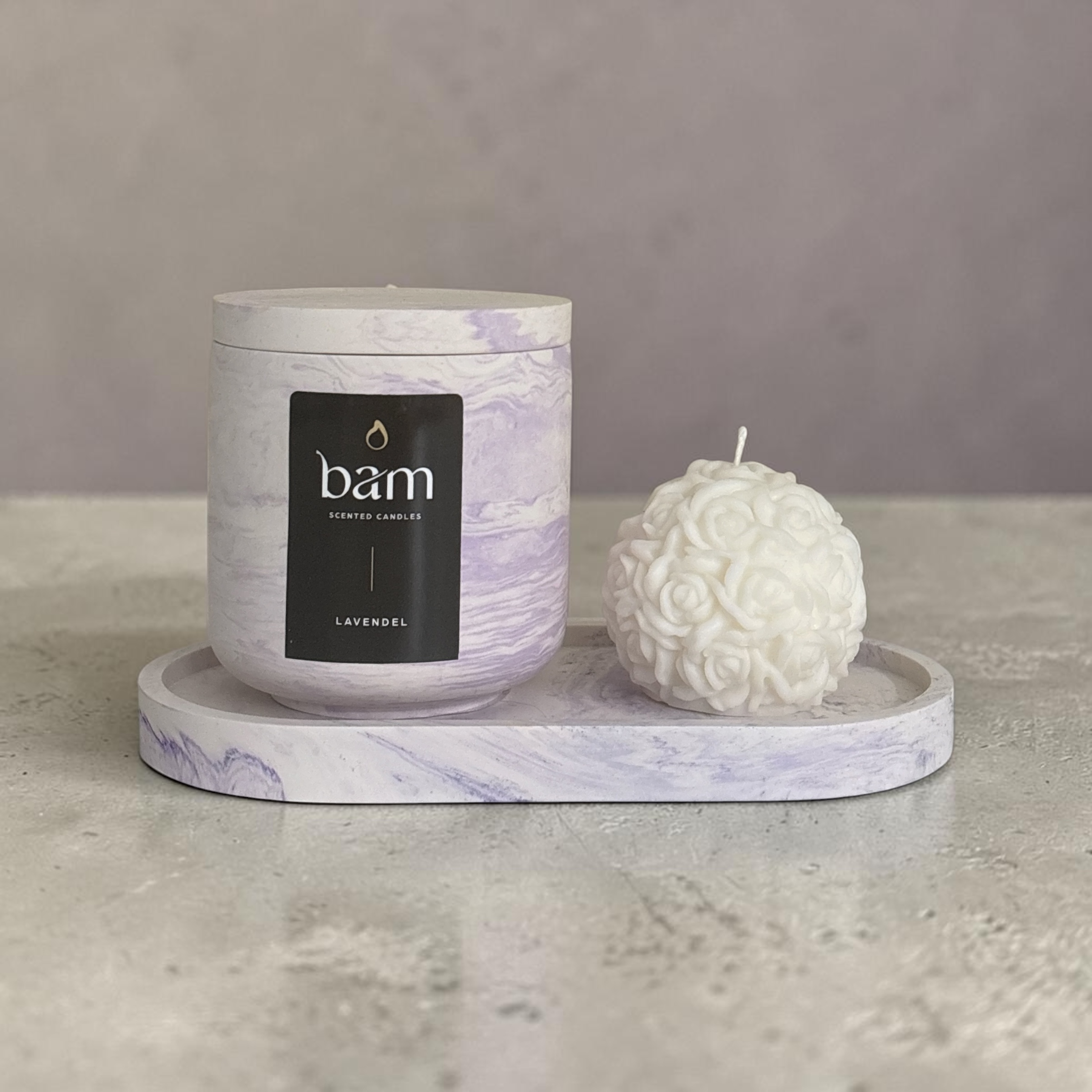 Handcrafted Lavender Gift Set with Rose Candle and Purple Marbled Oval Dish