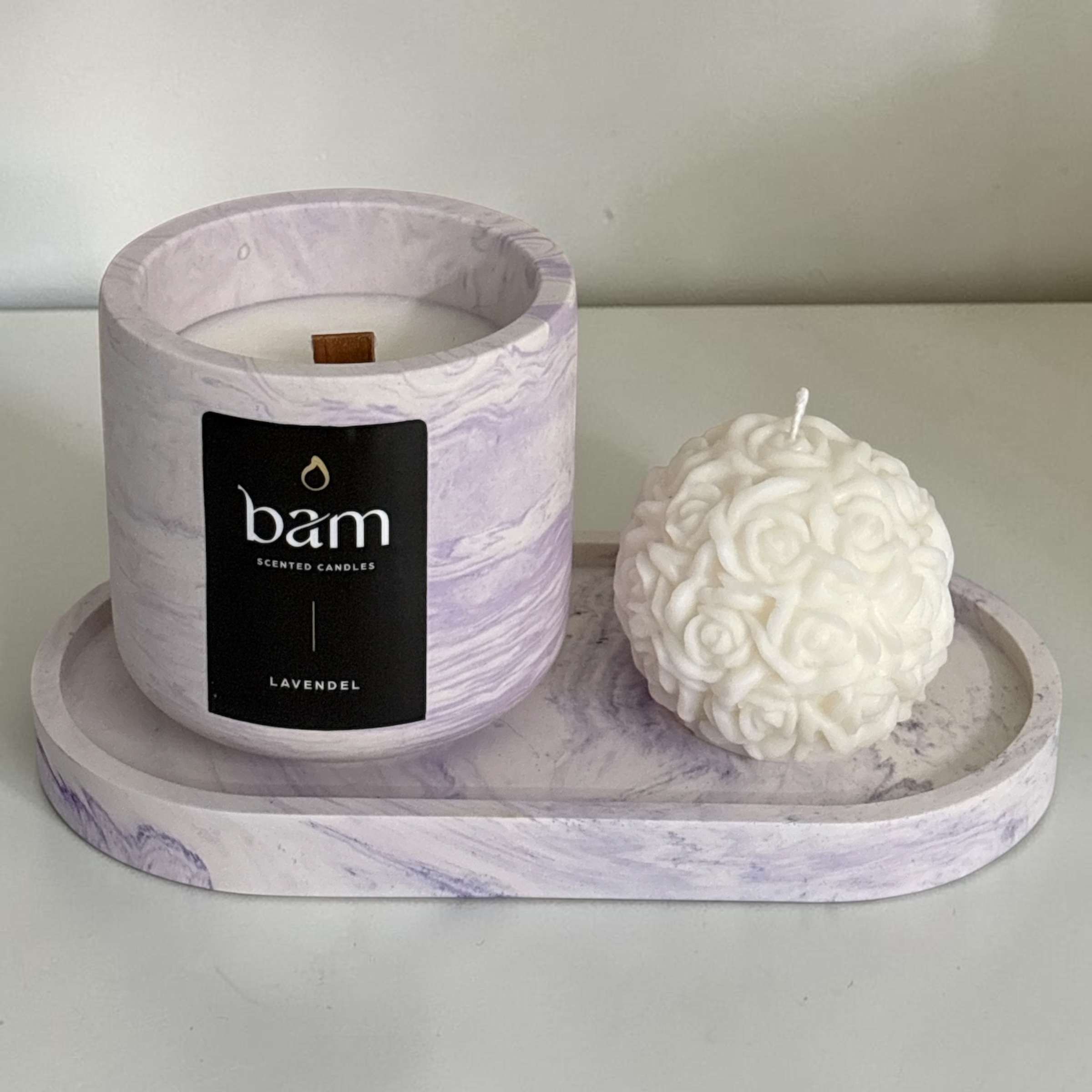 Handgemaakte Lavendel Geschenkset met Rozenkaars en Paars Gemarmerd Ovaal Schaaltje