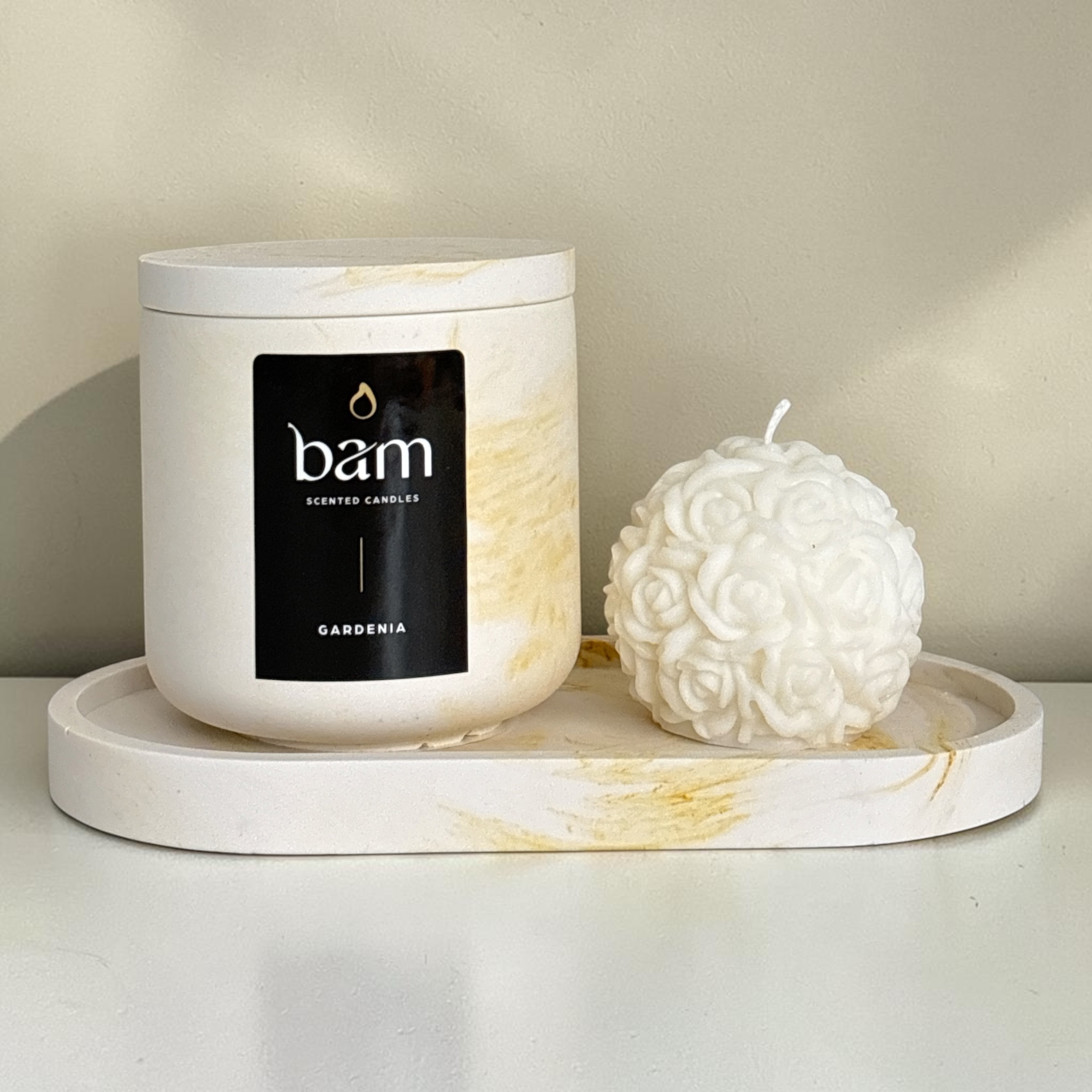 Handcrafted Gardenia Gift Set with Rose Candle and Ochre Marbled Oval Dish