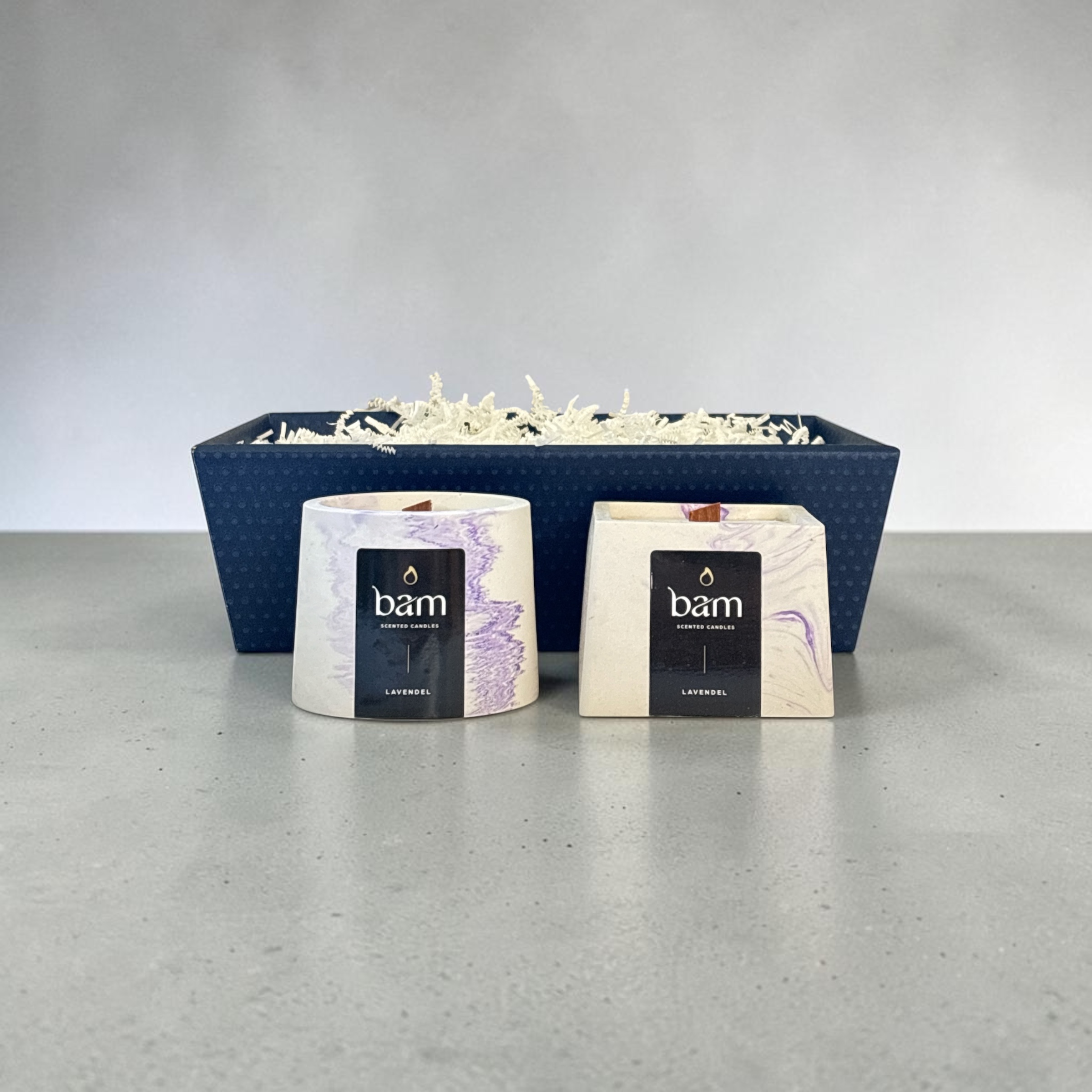Gift Basket with 2 Lavender Scented Candles made from Sunflower Wax | Handcrafted | BAM Cone & Square Collection