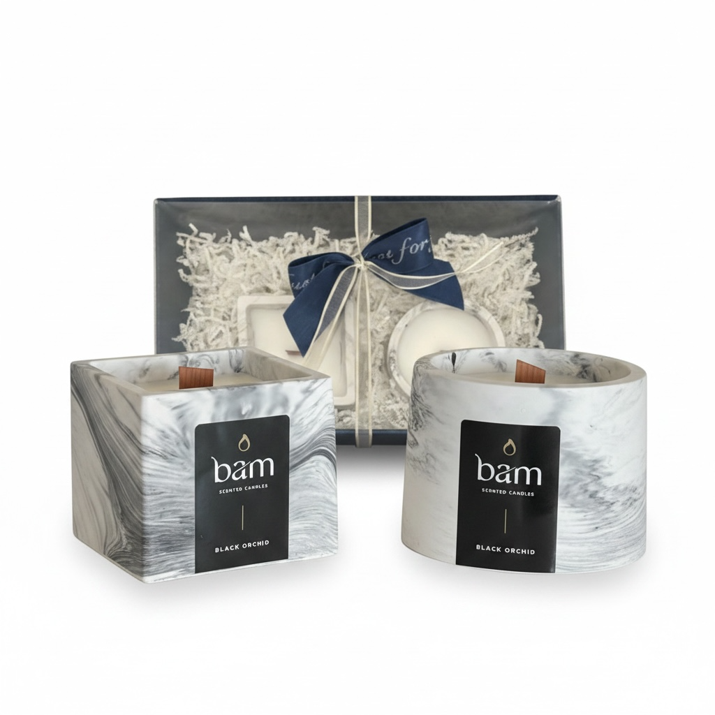 Gift Basket with 2 Black Orchid Scented Candles made from Sunflower Wax | Handcrafted | BAM Cone & Square Collection