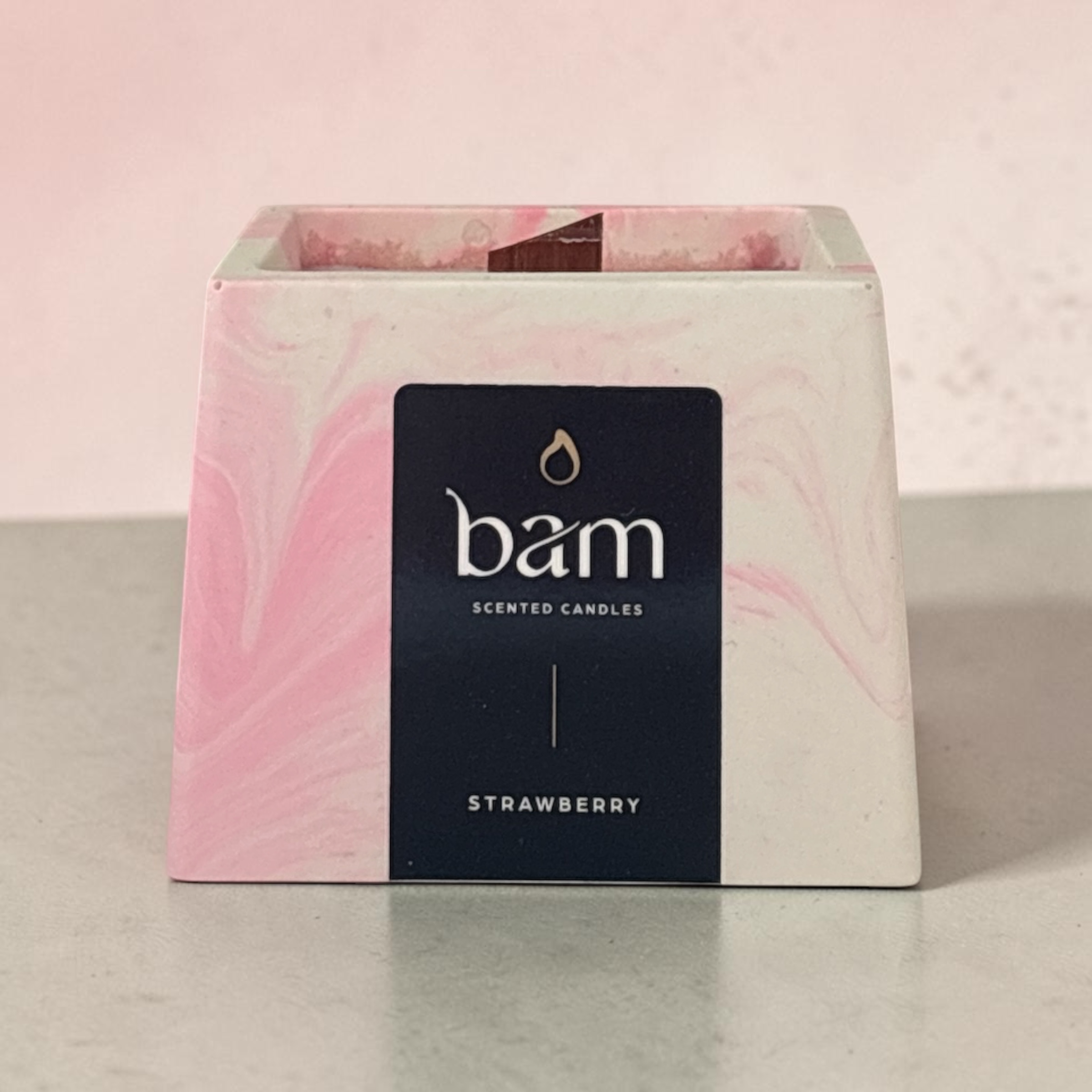 Strawberry Scented Candle in Pink Marbled Square Jar