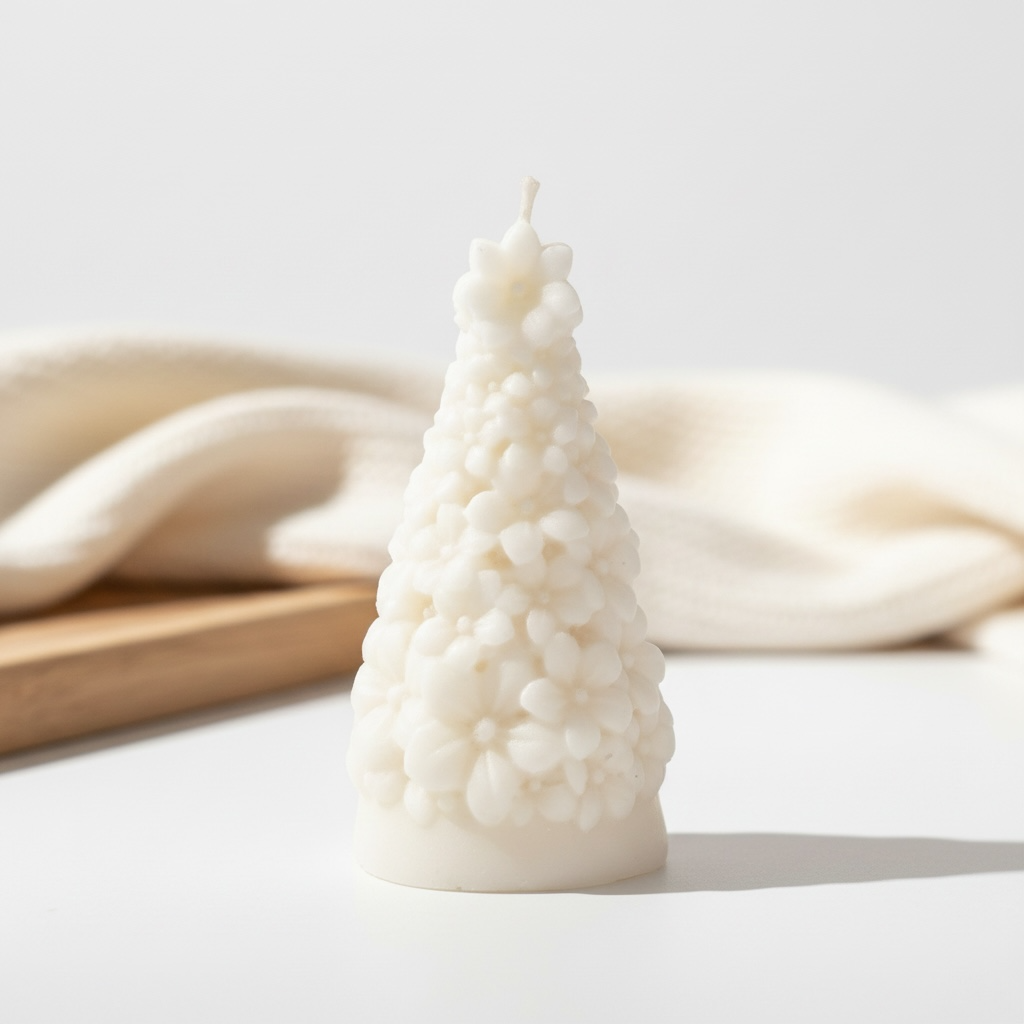 Kerstboom Figuurkaars met Bloemen van Zonnebloemwas – Handgemaakte Duurzame Kerstkaars
