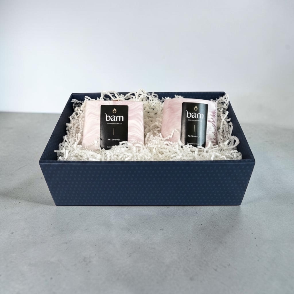 Patchouli Candle Set in Gift Basket – Square Collection & Cone Collection – Bordeaux Marbled