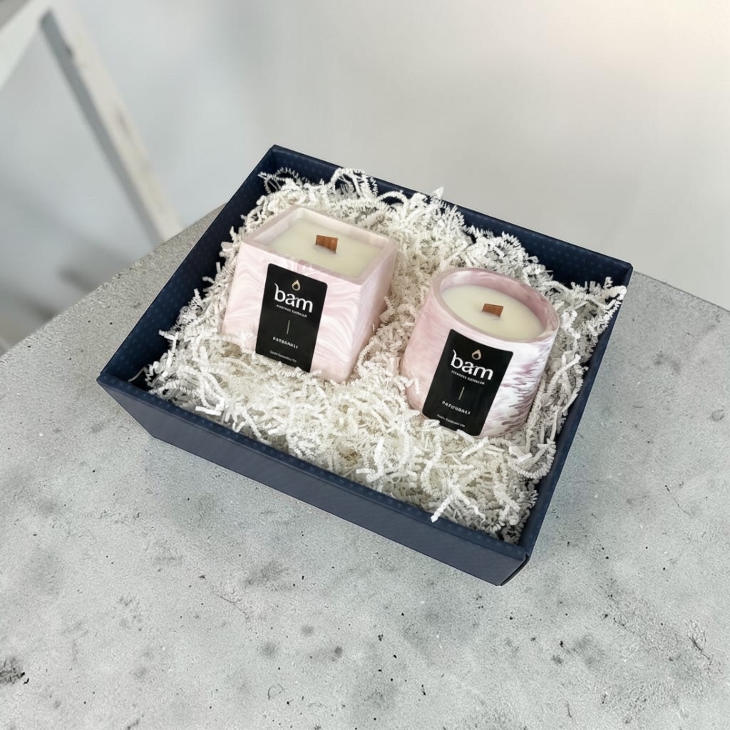 Patchouli Candle Set in Gift Basket – Square Collection & Cone Collection – Bordeaux Marbled