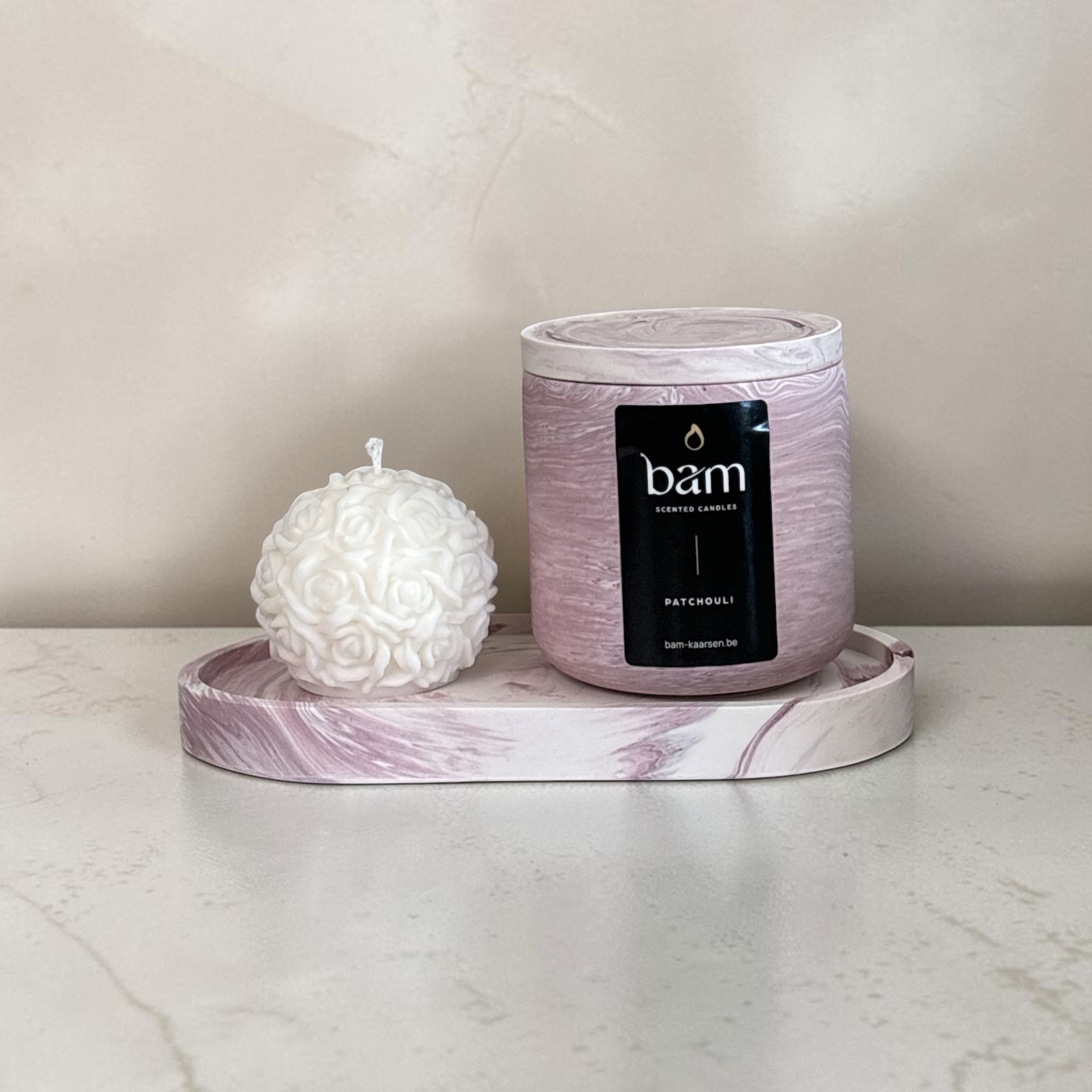 Handcrafted Patchouli Gift Set with Rose Candle and Bordeaux Marbled Oval Dish