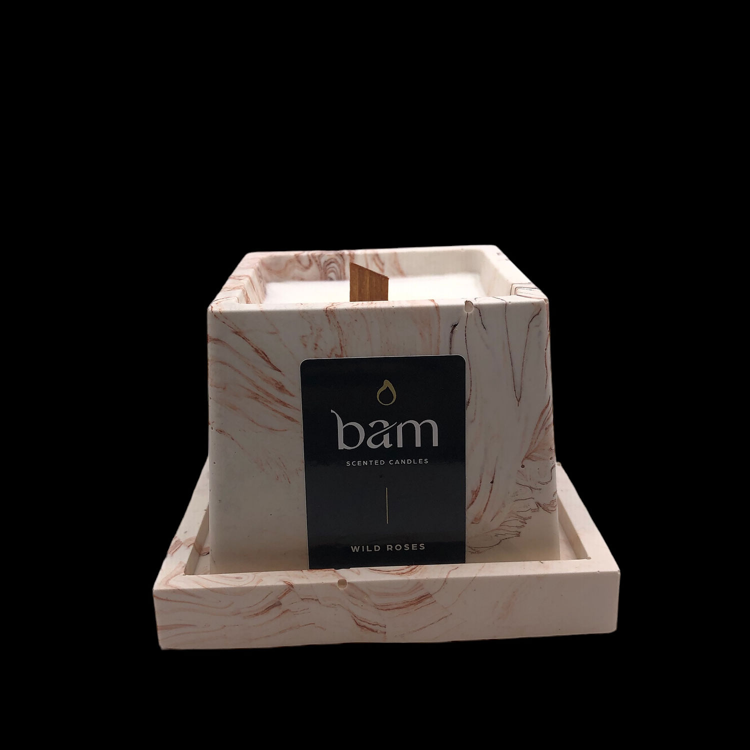 Wilde Rozen - terracotta gemarmerd vierkant potje met houten wiek