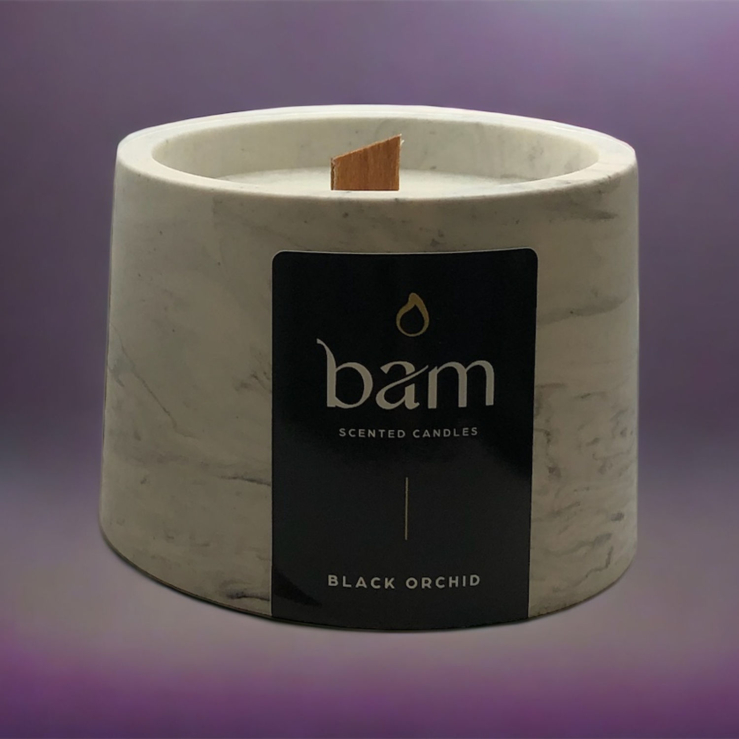 Zwarte Orchidee - zwart gemarmerd rond potje met deksel met houten wiek