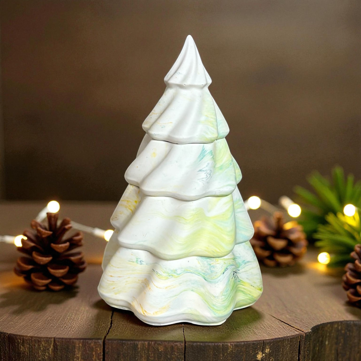 geel/groen gemarmerde kerstboom (3 kaarsen) - Eucalyptus