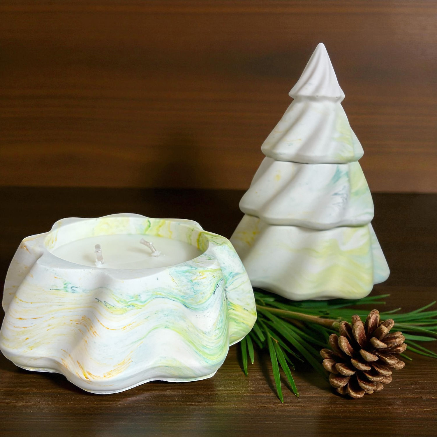 geel/groen gemarmerde kerstboom (3 kaarsen) - Eucalyptus