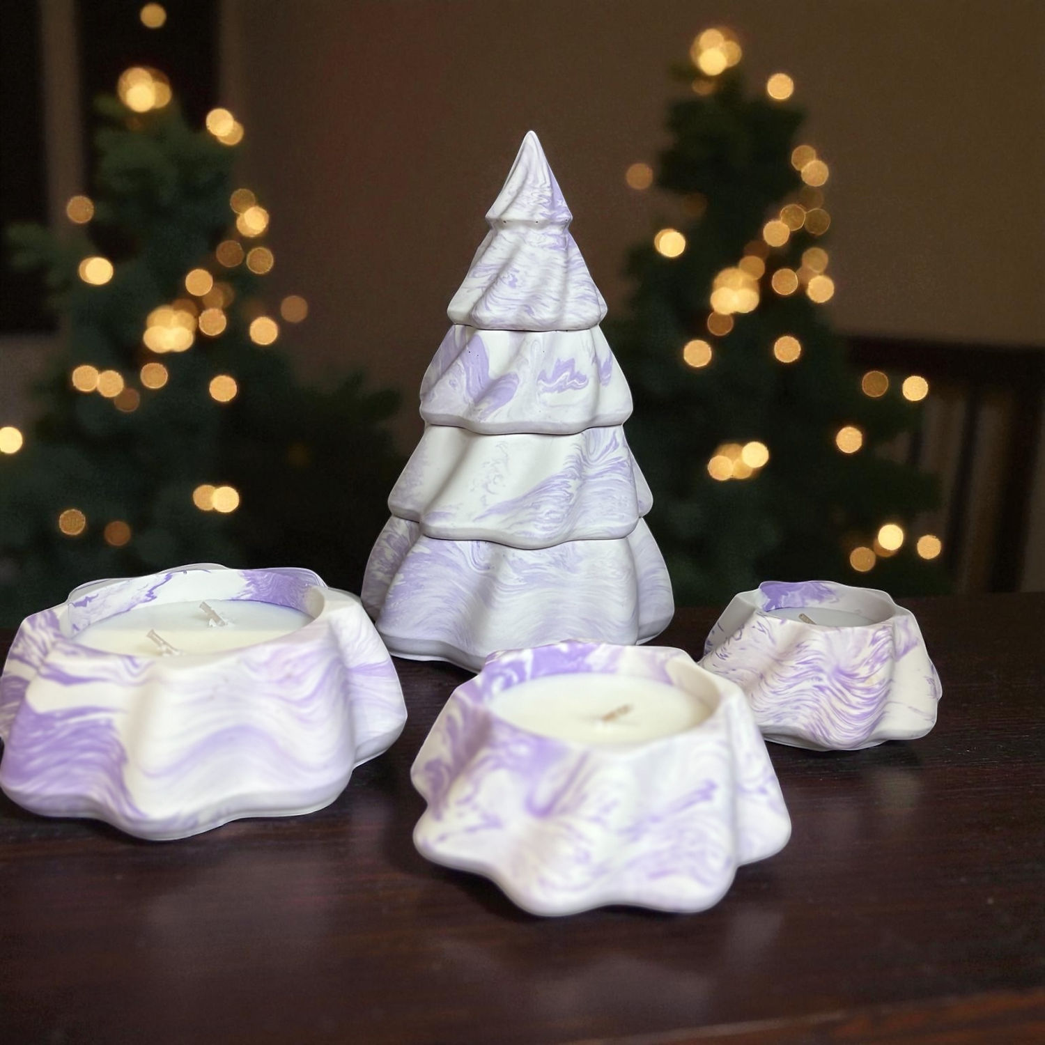 paars gemarmerde kerstboom (3 kaarsen) - lavendel