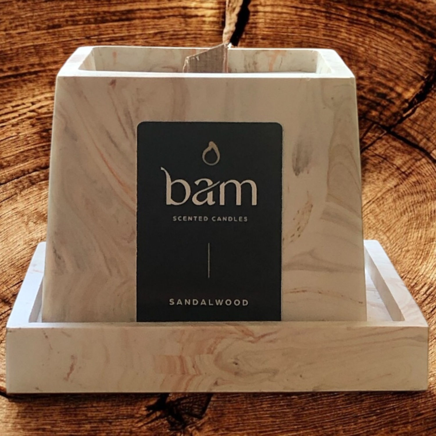 sandalwood - oranje/bruin gemarmerd vierkant potje met houten wiek